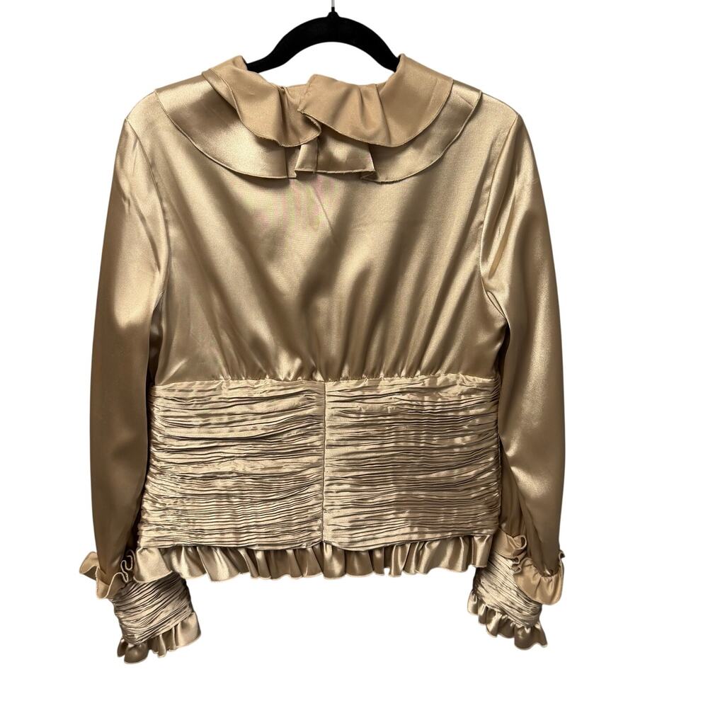 Samuel Dong Champagne Beige Ruffle Textured Satin Zip Up Top Womens Medium - Picture 7 of 7